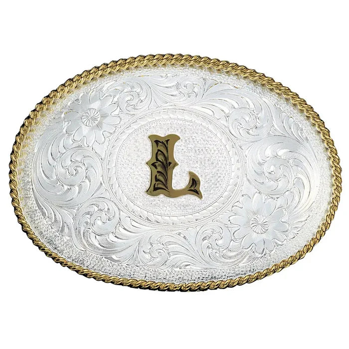 Initial L Silver Engraved Gold Trim Western Belt Buckle