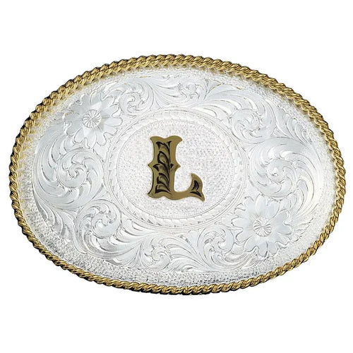 Initial L Silver Engraved Gold Trim Western Belt Buckle