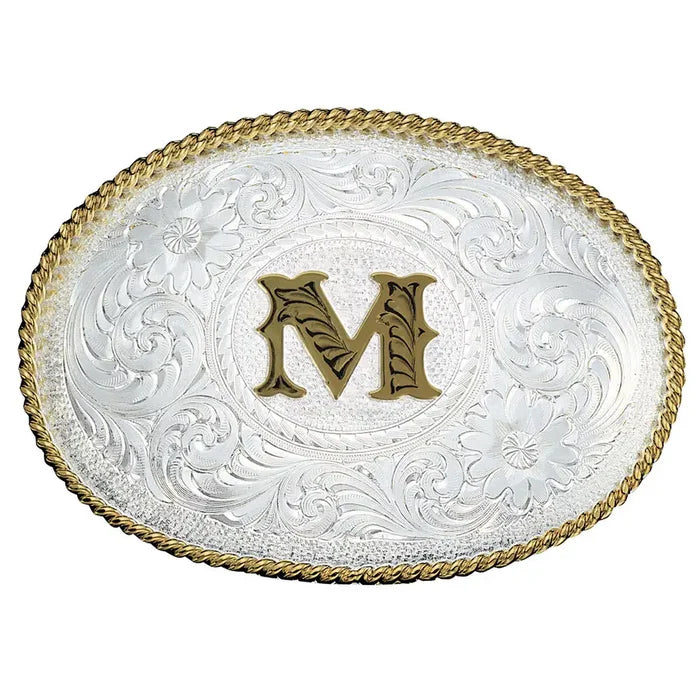 Initial M Silver Engraved Gold Trim Western Belt Buckle