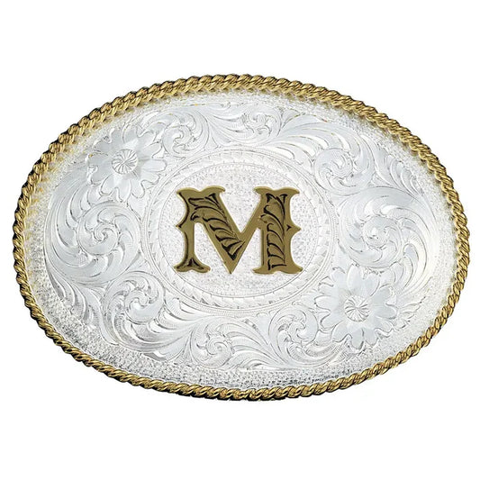 Initial M Silver Engraved Gold Trim Western Belt Buckle