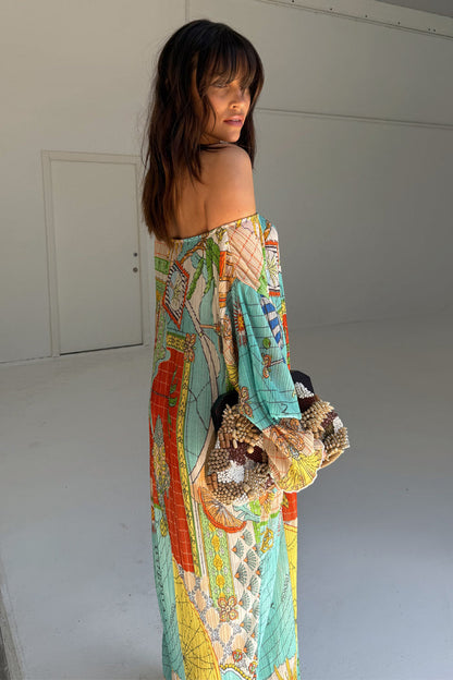 Isla Jem Dress in multi-colour stretch plisse featuring hand-painted motifs and an off-the-shoulder fit.