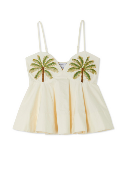 Ivory Palm Nara Top in cream cotton with green palm tree motifs, thin adjustable straps and a floaty silhouette.