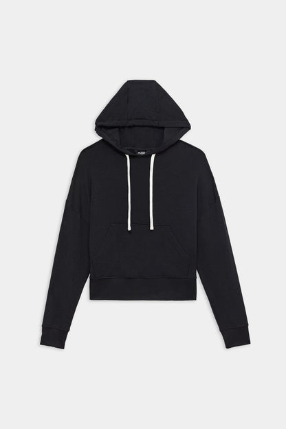 The SPLITS59 Joey Fleece Hoodie - Black features a soft spandex blend, long sleeves, front kangaroo pocket, and white drawstrings. Displayed on a plain white background.