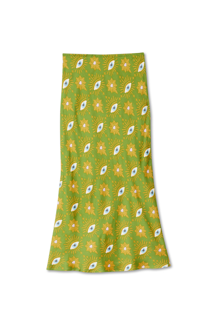 Khaki Eye Dorris Skirt in green viscose with heart and eye motifs in a relaxed midi silhouette.