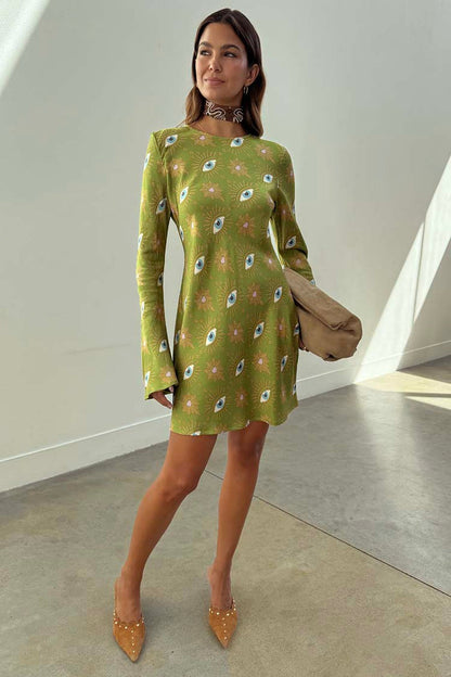 Khaki Eye Mini Soho Dress Petite in green with an iconic eye print, flared sleeves and an hourglass silhouette.