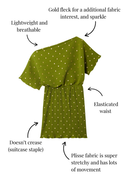 Khaki Mini Plisse Tilly Dress featuring a gold fleck shimmer, elasticated waist and stretchy green plisse fabric.