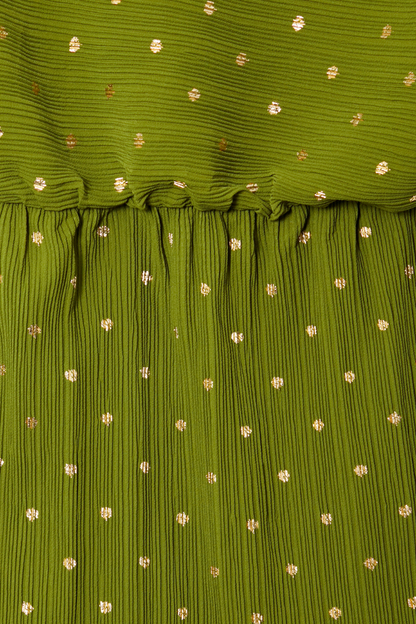 Khaki Mini Plisse Tilly Dress detail highlighting the textured green fabric, gold fleck print and elasticated waist.