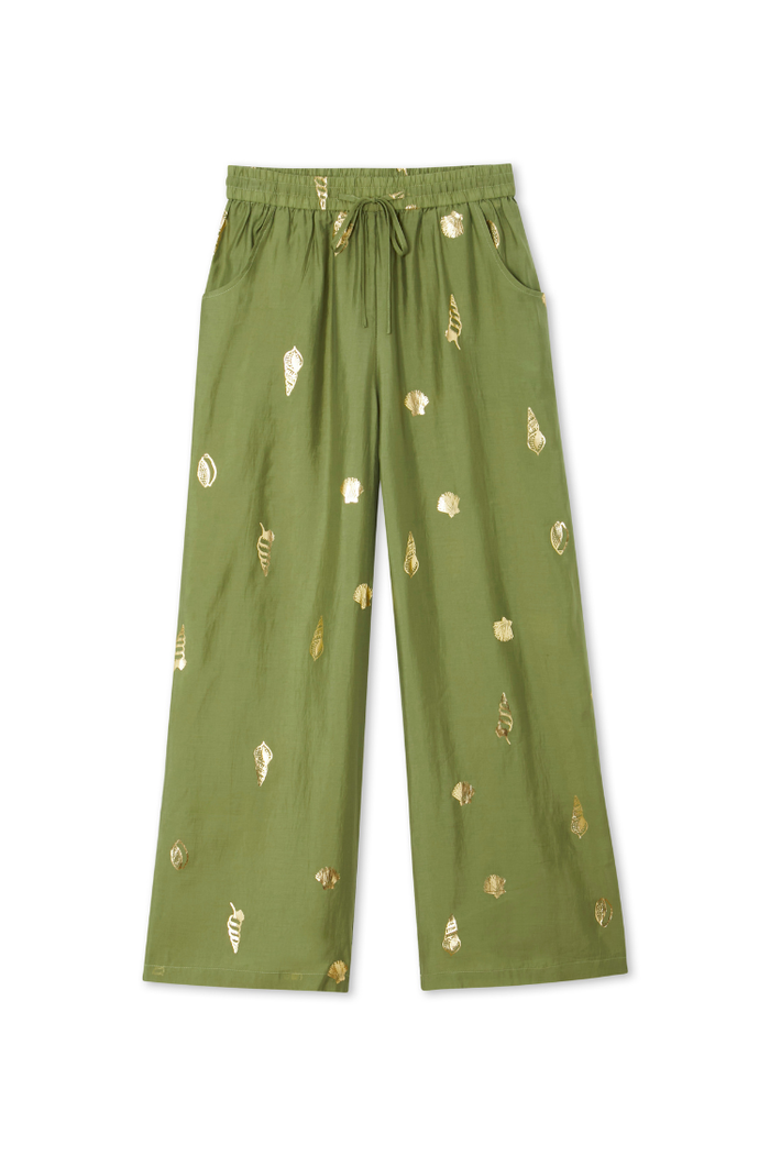Khaki Shell Trousers with a gold foil print, wide-leg fit and elasticated drawstring waist.