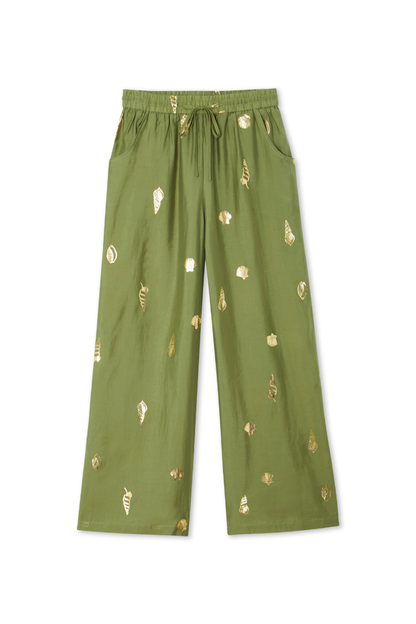 Khaki Shell Trousers with a gold foil print, wide-leg fit and elasticated drawstring waist.