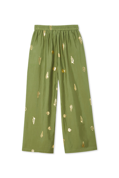Wide-leg Khaki Shell Trousers with a metallic gold shell print and an elasticated waistband.