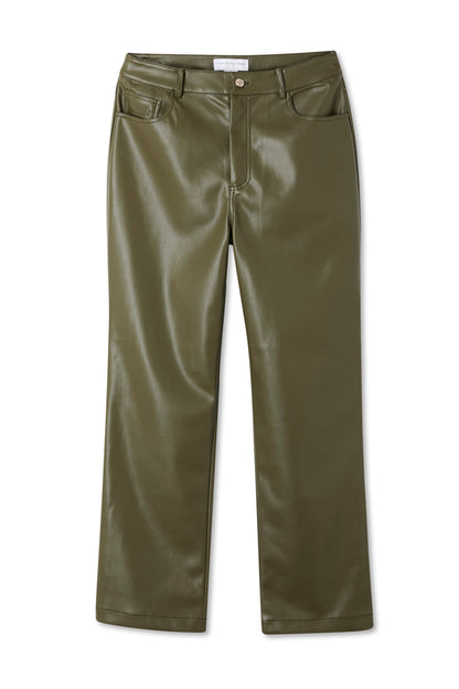 Khaki green vegan leather trousers with a straight-leg silhouette and pocket detailing on a white background.