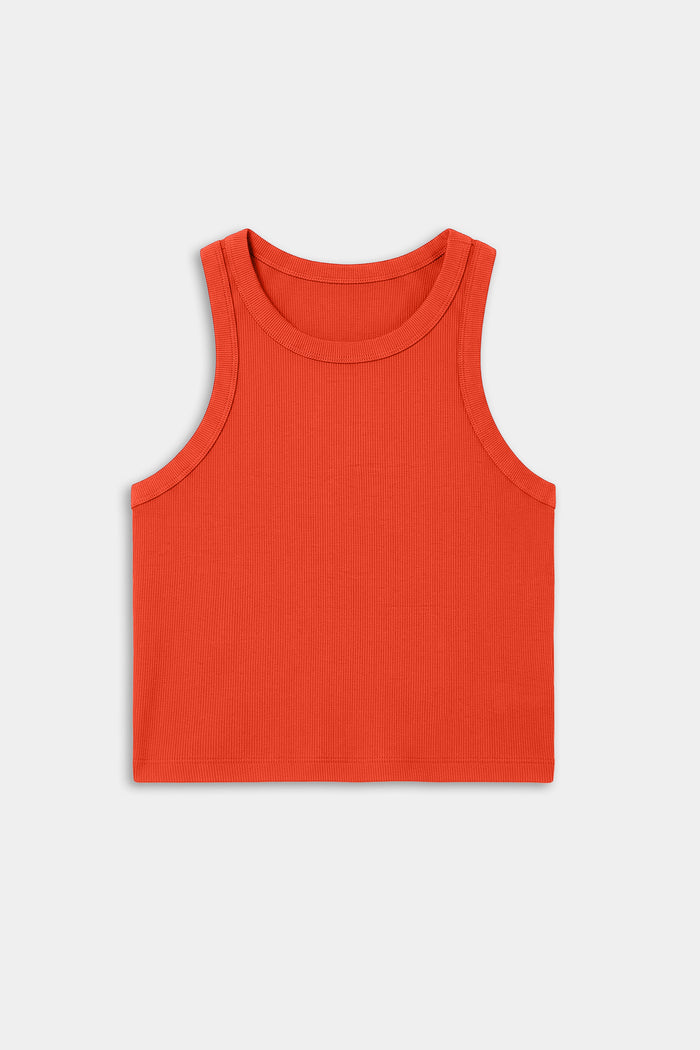 The SPLITS59 Kiki Rib Crop Tank in Lotus Red is a sleeveless, round-neck crop top made from soft baby rib fabric, shown flat against a plain white background.