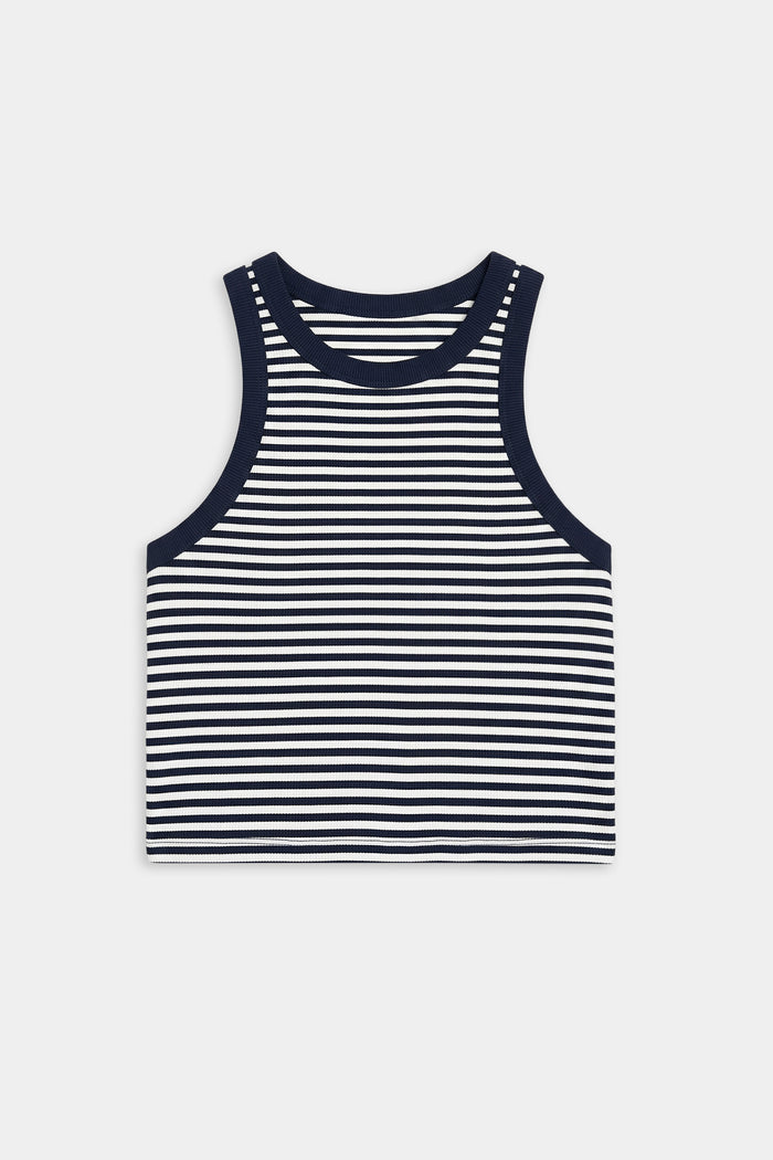 The SPLITS59 Kiki Rib Crop Tank in White/Indigo Stripe features a sleeveless crew neck design and soft baby rib fabric—ideal for gym sessions or casual wear. Laid flat on a plain white background.