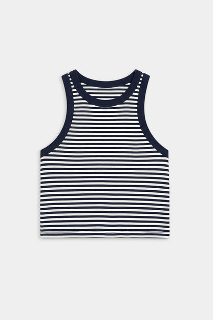 The SPLITS59 Kiki Rib Crop Tank in White/Indigo Stripe features a sleeveless crew neck design and soft baby rib fabric—ideal for gym sessions or casual wear. Laid flat on a plain white background.