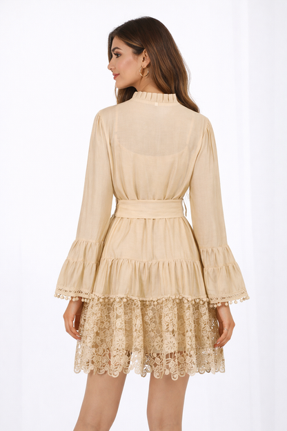 lace hem belted mini dress with ruffle neckline – SANDRÉ