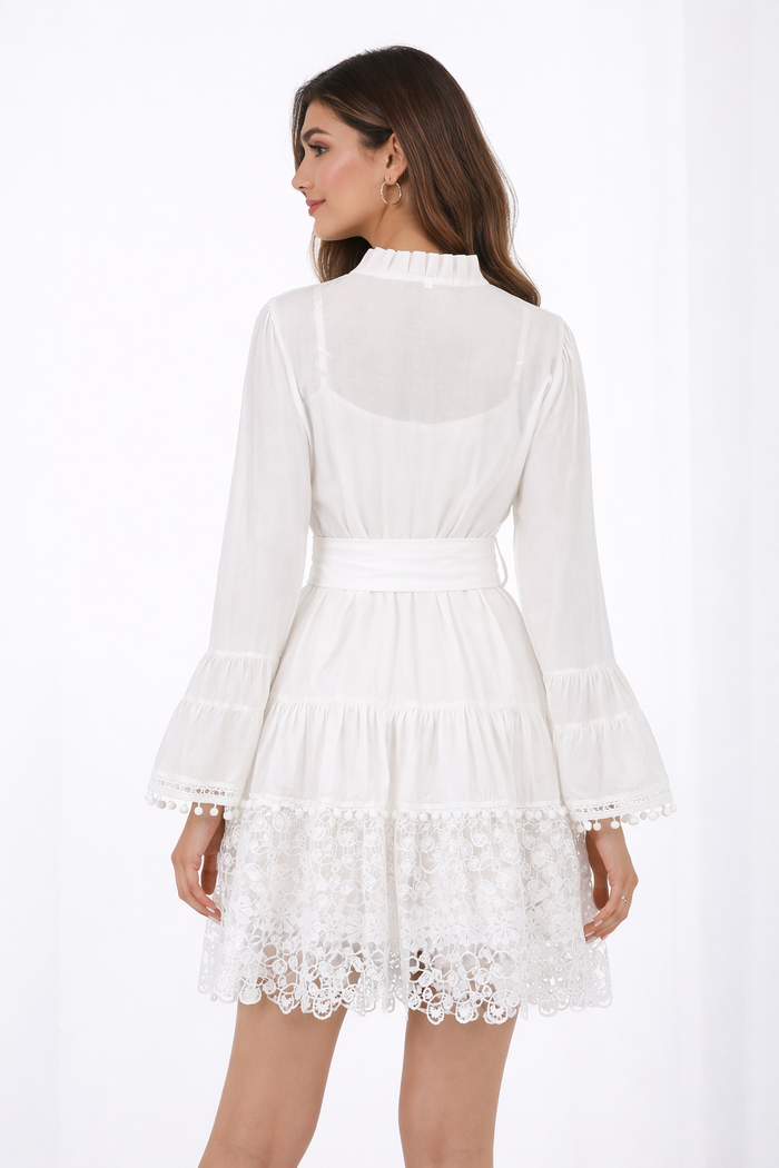 lace hem belted mini dress with ruffle neckline – SANDRÉ