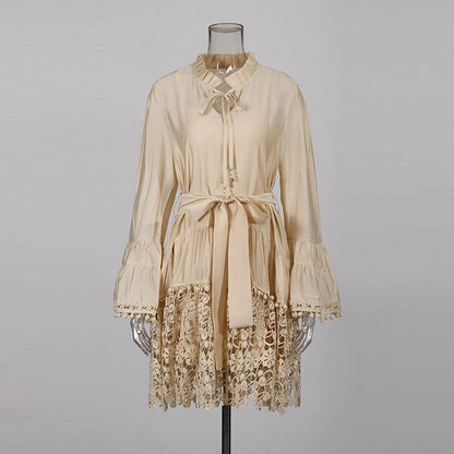 lace hem belted mini dress with ruffle neckline – SANDRÉ