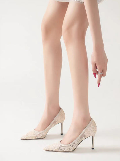 lace mesh stiletto pumps with floral embroidery – SERENAQIZ