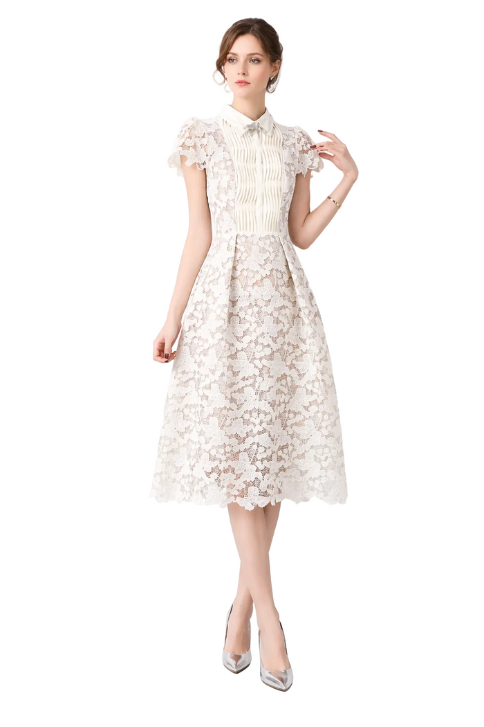 Lace Midi Dress with Pleated Bodice and Short Sleeves – ELISE