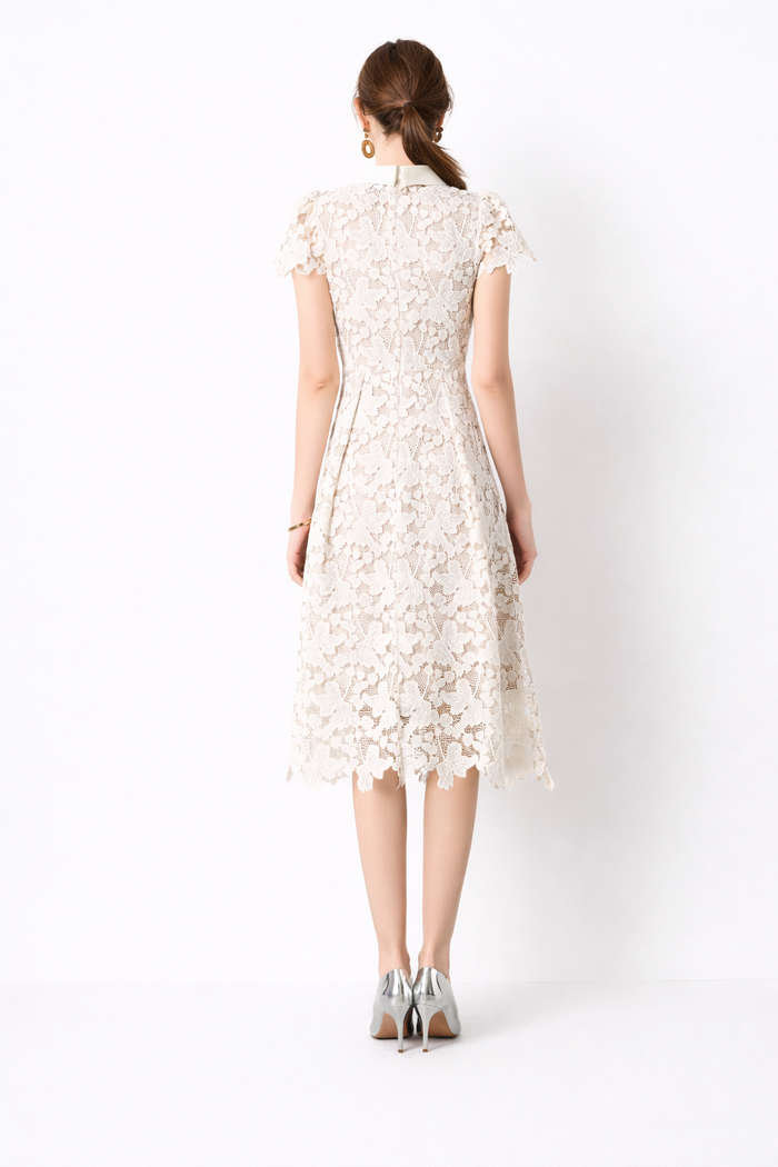 Lace Midi Dress with Pleated Bodice and Short Sleeves – ELISE
