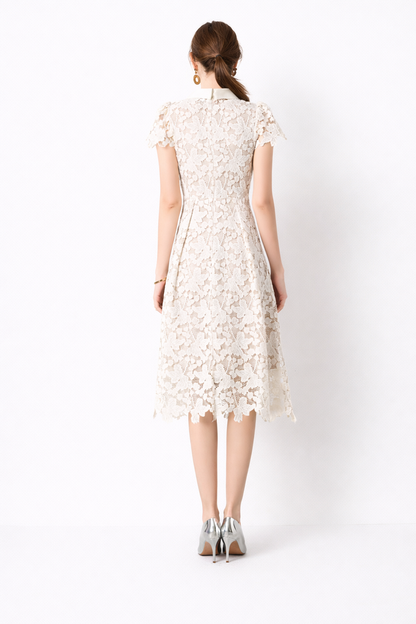 Lace Midi Dress with Pleated Bodice and Short Sleeves – ELISE