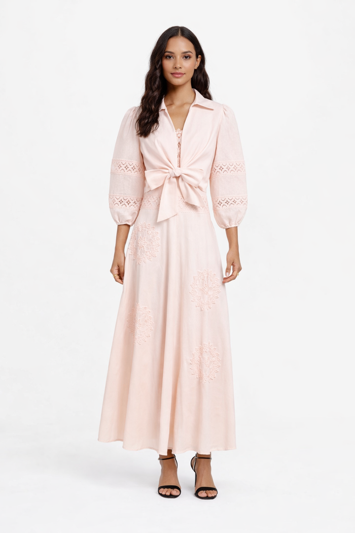 lace panel midi dress with front bow tie – LUMINA