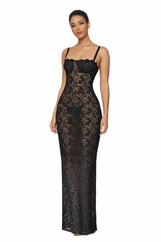 lace sheer column maxi dress with adjustable straps – LACE