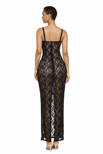 lace sheer column maxi dress with adjustable straps – LACE
