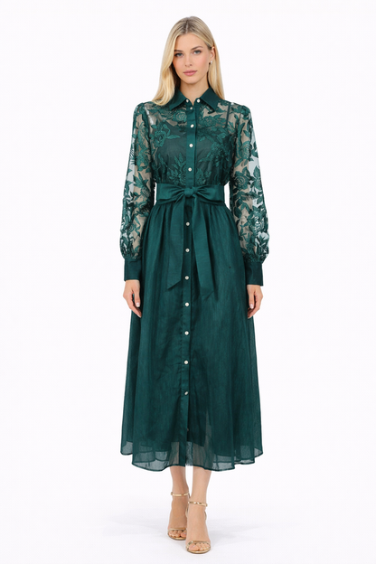lace sleeve belted shirt midi dress – RALDO