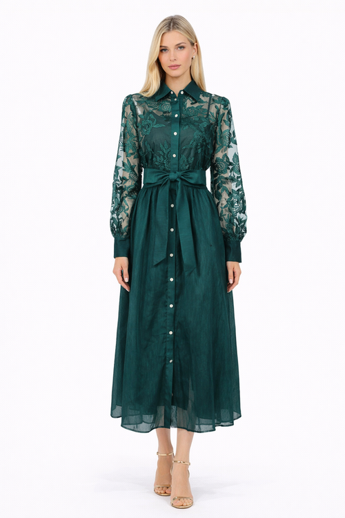 lace sleeve belted shirt midi dress – RALDO