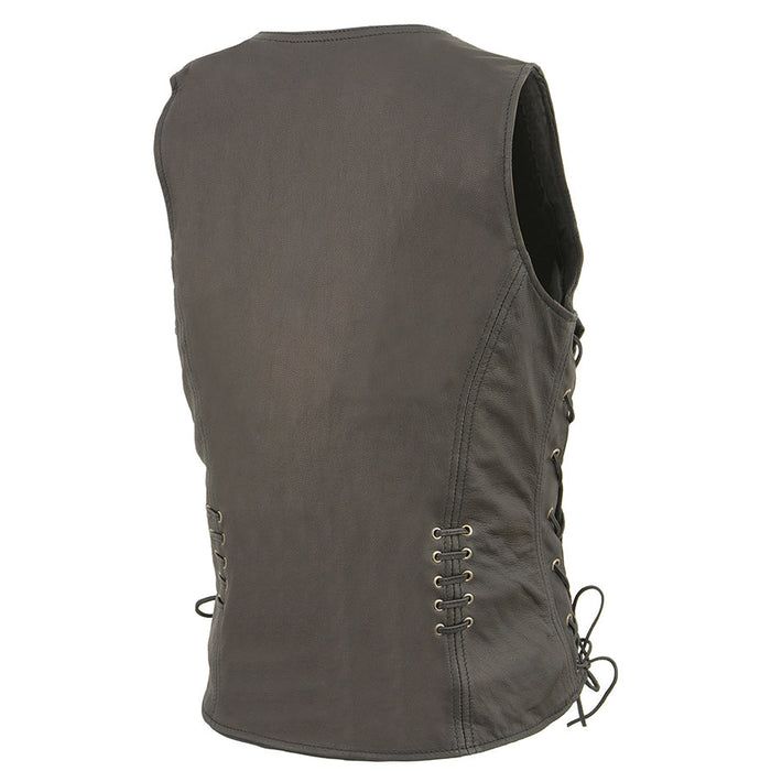 Ladies Covert Carry Vest: Features:

Made of Premium High-Grade Leather
Front Zipper Closure, Lacing Accents
Adjustable Side