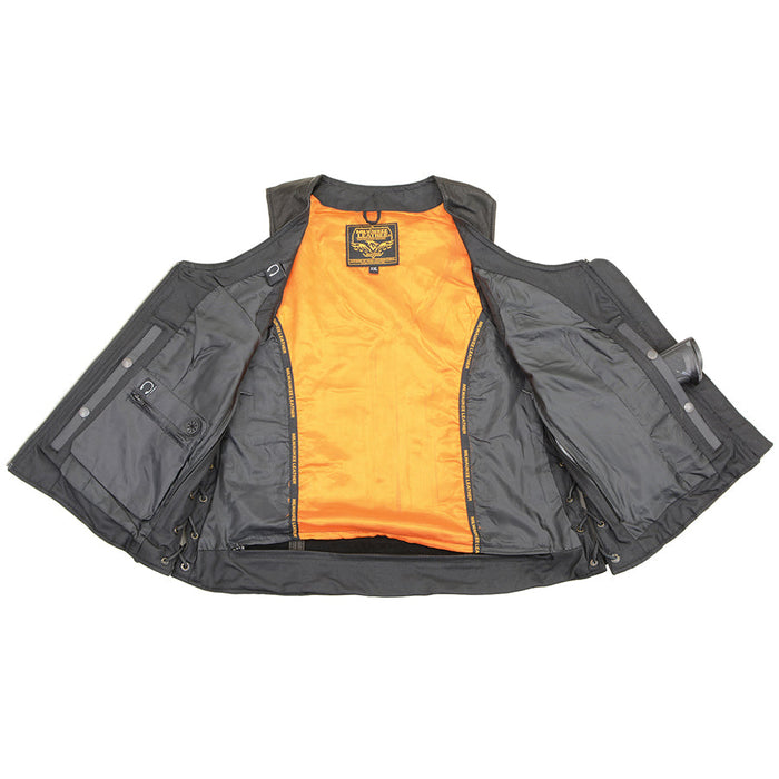 Ladies Covert Carry Vest: Features:

Made of Premium High-Grade Leather
Front Zipper Closure, Lacing Accents
Adjustable Side