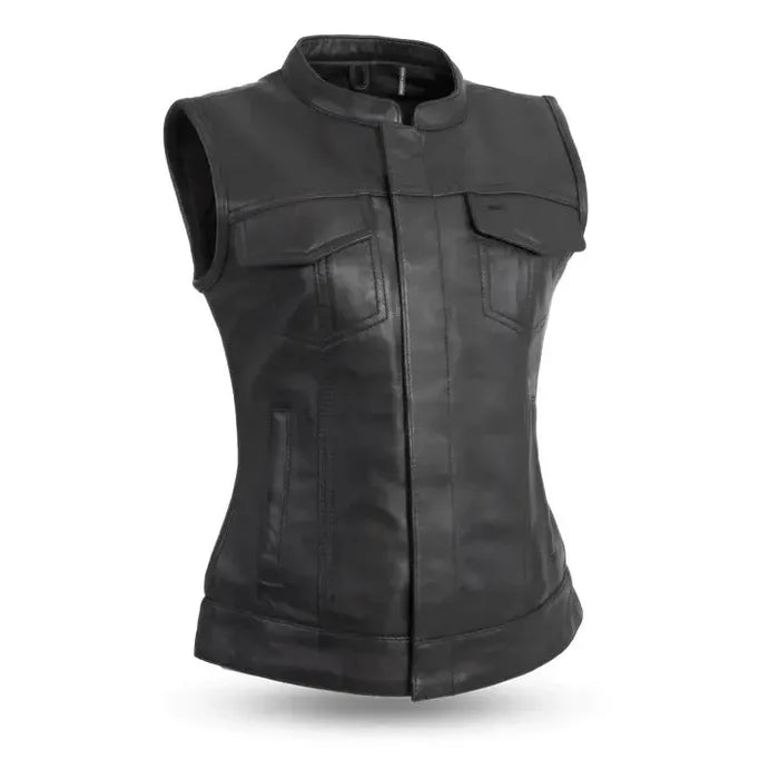 Ladies Dot Leather Club Vest: FEATURES:


Club style with banded collar, covered snaps and cropped center zipper
Two buttoned