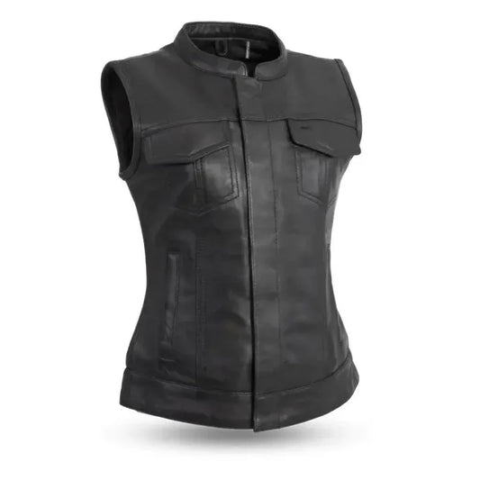 Ladies Dot Leather Club Vest: FEATURES:


Club style with banded collar, covered snaps and cropped center zipper
Two buttoned
