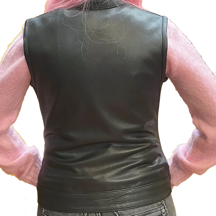 Ladies Dot Leather Club Vest: FEATURES:


Club style with banded collar, covered snaps and cropped center zipper
Two buttoned