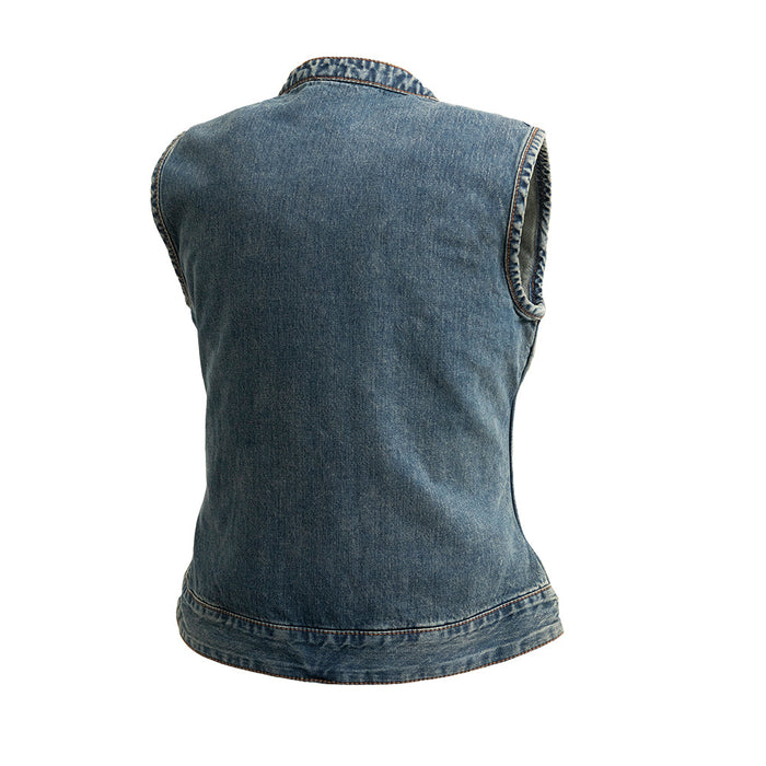 Ladies Lexi Blue Denim Vest: The Lexi is a clean, simple club style vest in our soft, comfy washed denim