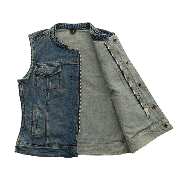 Ladies Lexi Blue Denim Vest: The Lexi is a clean, simple club style vest in our soft, comfy washed denim