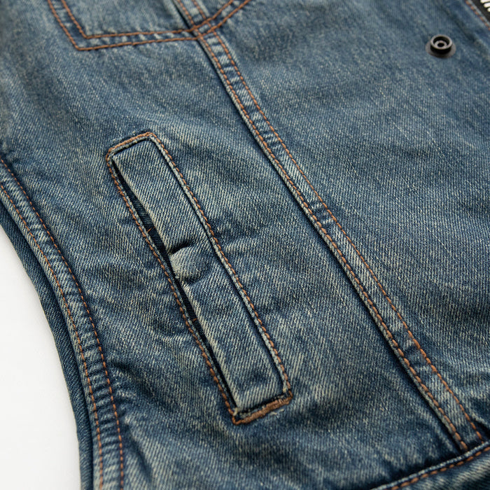 Ladies Lexi Blue Denim Vest: The Lexi is a clean, simple club style vest in our soft, comfy washed denim