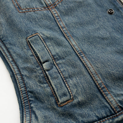 Ladies Lexi Blue Denim Vest: The Lexi is a clean, simple club style vest in our soft, comfy washed denim