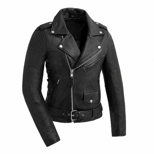 Ladies Popstar black leather motorcycle jacket front view
