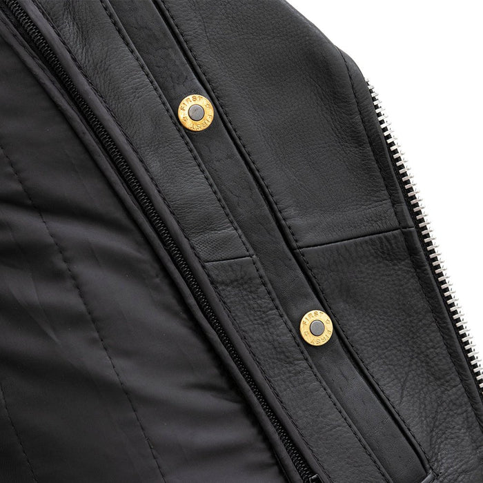 Ladies Popstar black leather motorcycle jacket interior conceal carry pocket