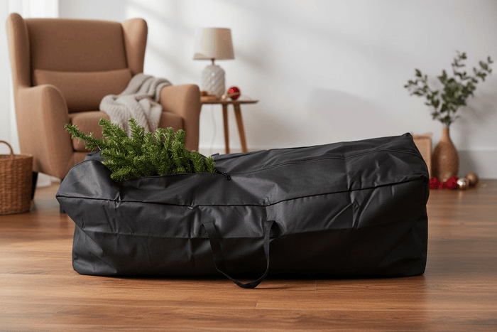 Black storage bag with a Christmas tree on a wooden floor in a living room.