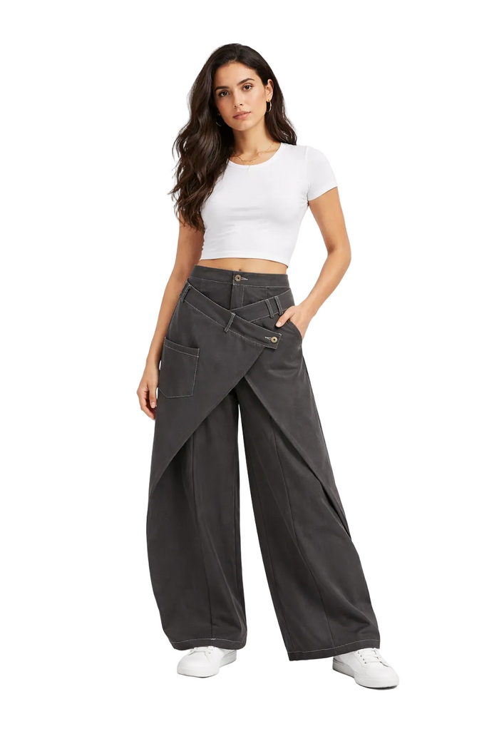 layered wrap wide-leg pants with asymmetrical belt detail – EDGE