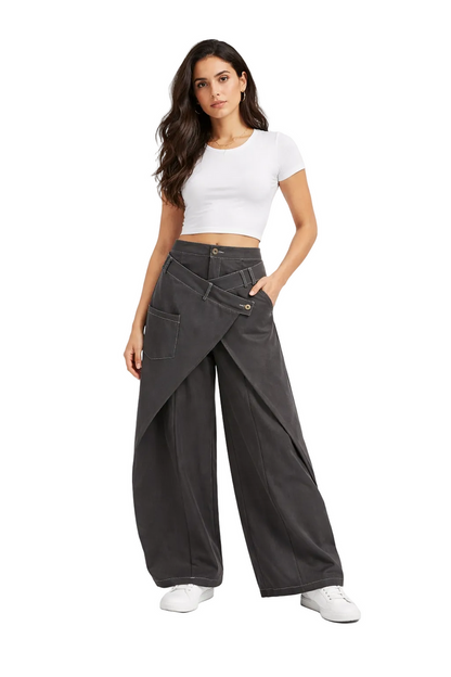 layered wrap wide-leg pants with asymmetrical belt detail – EDGE