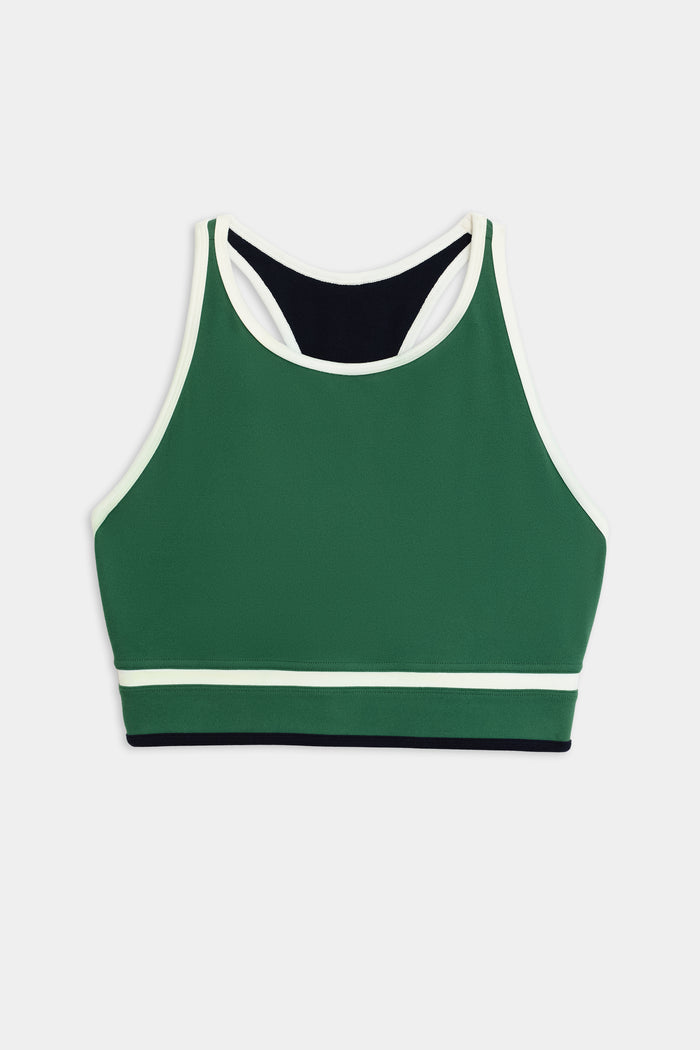 The Layla Airweight Bra in Arugula/Indigo by SPLITS59 is ideal for hot yoga, showcasing a white trim and comfortable racerback design against a plain white background.