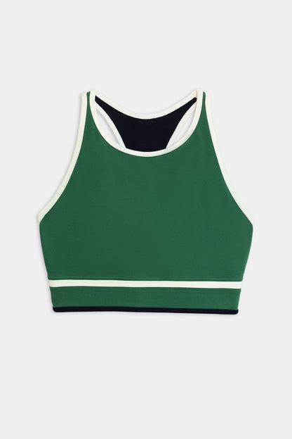 The Layla Airweight Bra in Arugula/Indigo by SPLITS59 is ideal for hot yoga, showcasing a white trim and comfortable racerback design against a plain white background.
