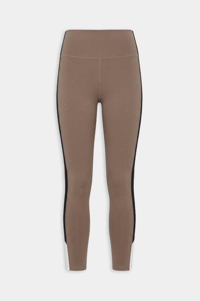 SPLITS59 Layla Airweight High Waist 7/8 leggings in Lentil/Black feature black side panels and white lower leg accents—ideal for hot yoga. Shown on a plain white background.