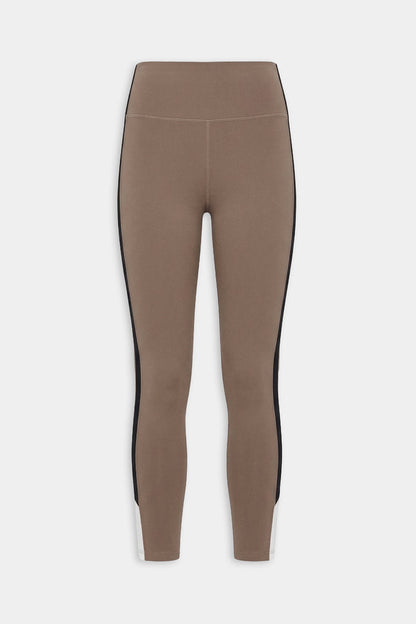 SPLITS59 Layla Airweight High Waist 7/8 leggings in Lentil/Black feature black side panels and white lower leg accents—ideal for hot yoga. Shown on a plain white background.