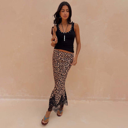 Leopard Lace Midi Maeva Skirt with a black lace hem, paired with a black tank top for a versatile transeasonal look.
