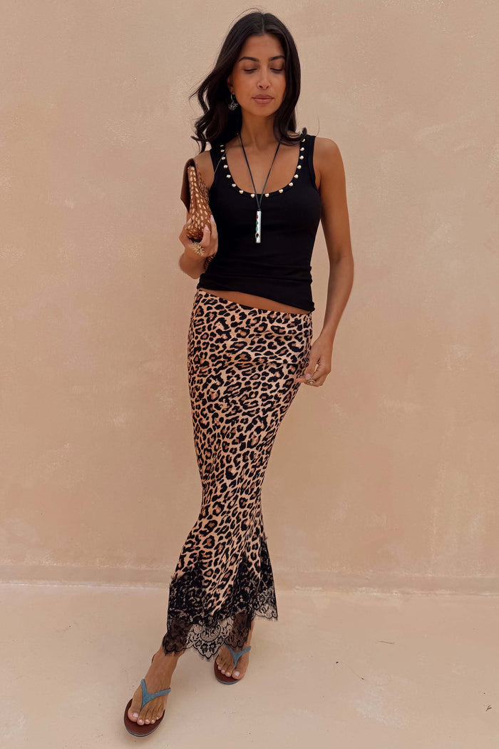 Leopard Lace Midi Maeva Skirt in iconic animal print with a black lace hem, styled with a black studded tank top.